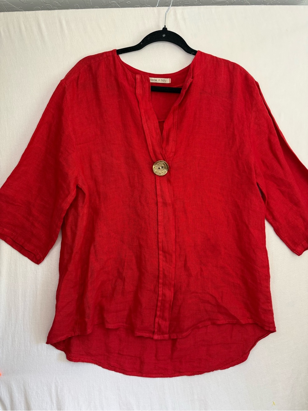 Red Linen Gold Button-Front Women's Top Size M